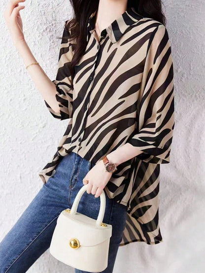 Balvessa Women's Elegant Beige Summer Everyday Blouses,Ladies Loose-Fit Minimalist Commuter Shirt,Casual Three Quarter Batwing Sleeve Collar Long Tops,Spring