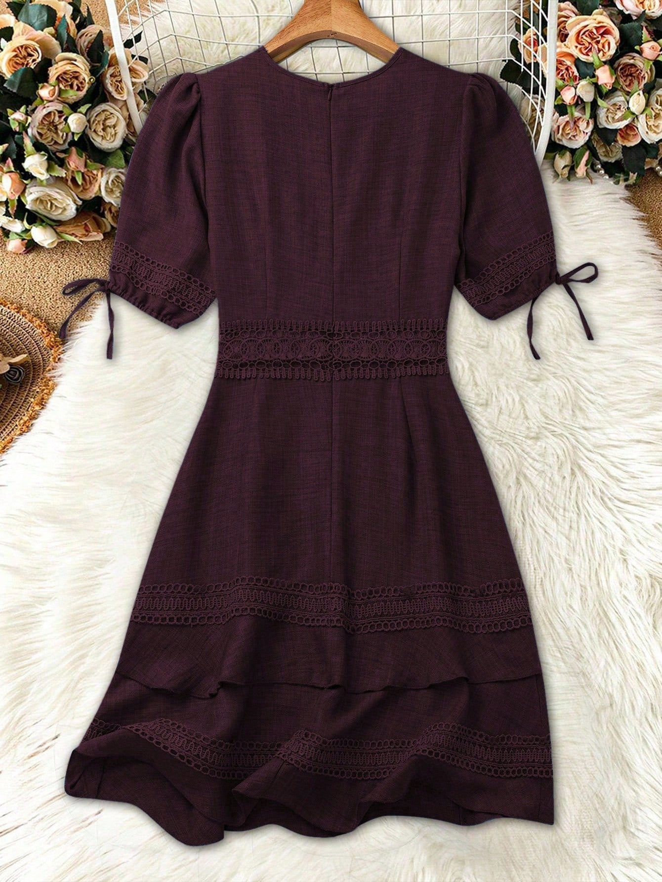 Balvessa Women's Solid Color Lace Trim Puff Sleeve Fashion Mini Dress, Summer