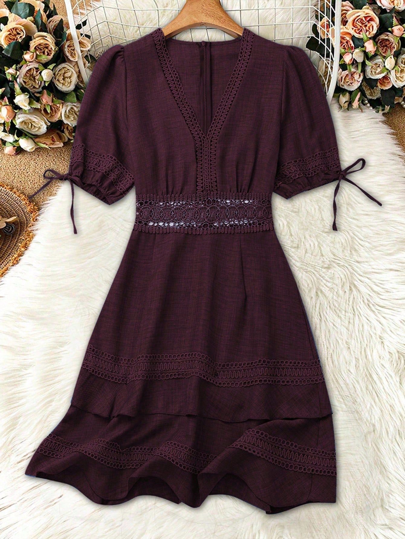 Balvessa Women's Solid Color Lace Trim Puff Sleeve Fashion Mini Dress, Summer