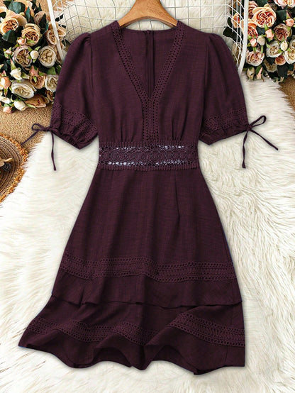 Balvessa Women's Solid Color Lace Trim Puff Sleeve Fashion Mini Dress, Summer