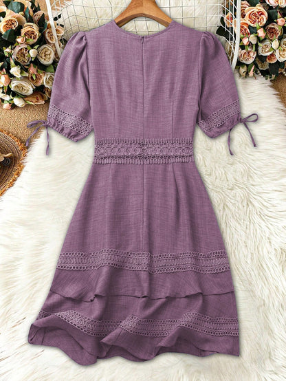 Balvessa Women's Solid Color Lace Trim Puff Sleeve Fashion Mini Dress, Summer