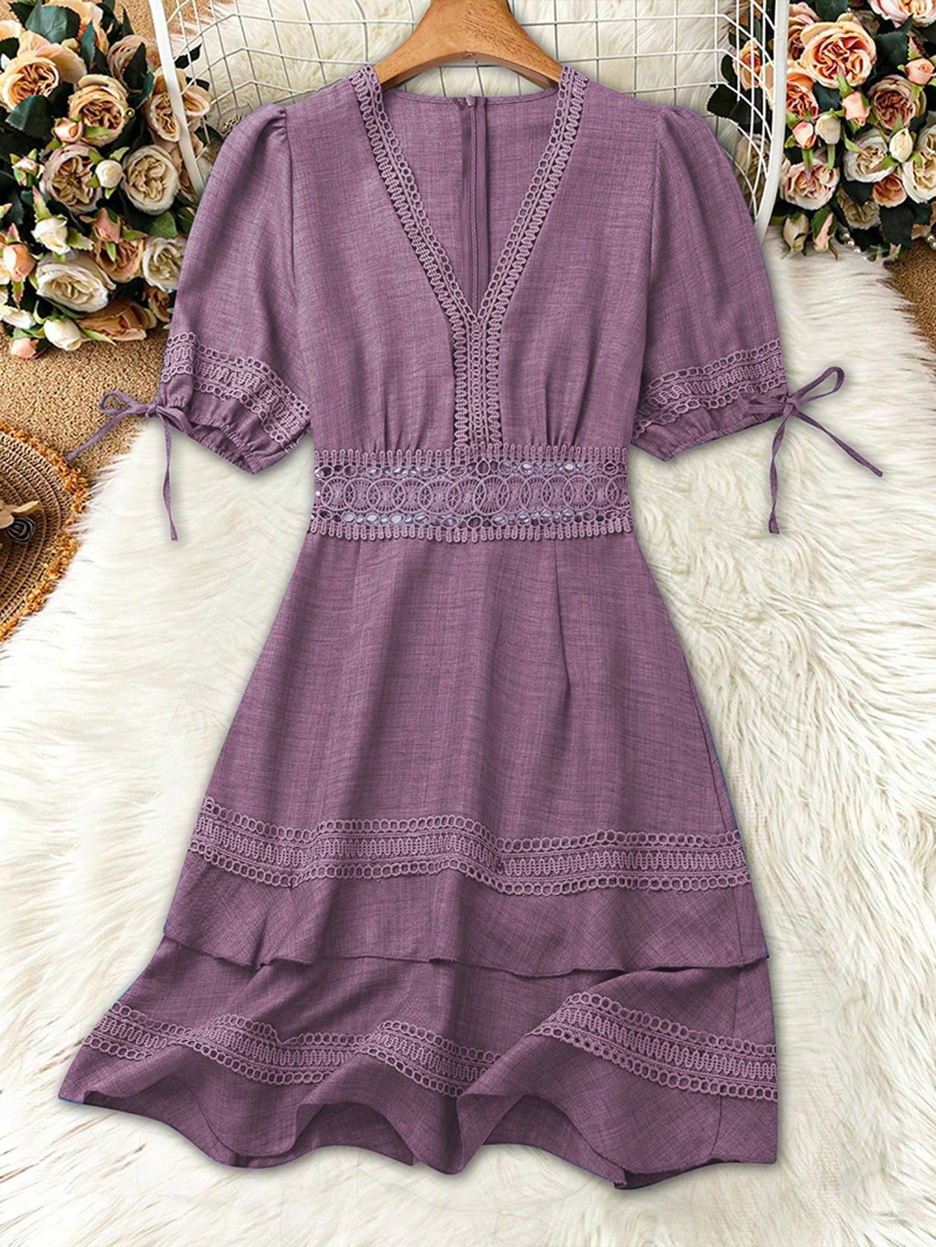 Balvessa Women's Solid Color Lace Trim Puff Sleeve Fashion Mini Dress, Summer