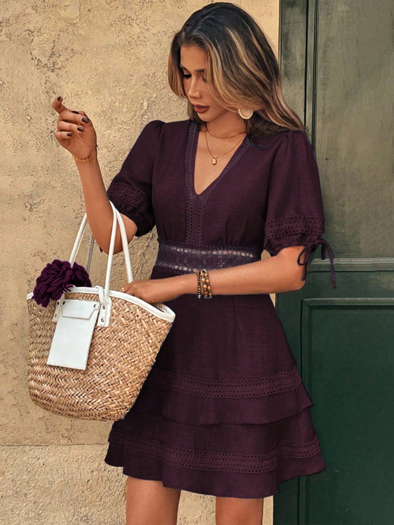 Balvessa Women's Solid Color Lace Trim Puff Sleeve Fashion Mini Dress, Summer