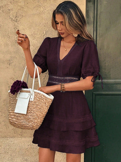 Balvessa Women's Solid Color Lace Trim Puff Sleeve Fashion Mini Dress, Summer