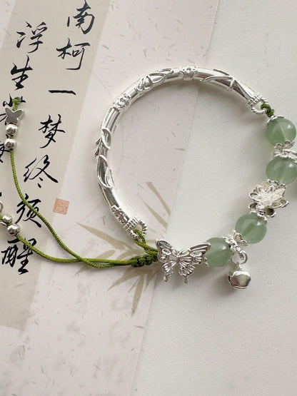 Bamboo Butterfly Green Jade Bead Bracelet, Silver‑Tone Bell Tassel Adjustable Chinese Style Bracelet