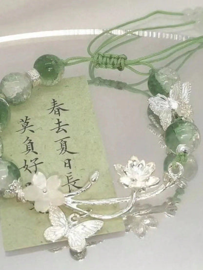 Bamboo Butterfly Green Jade Bead Bracelet, Silver‑Tone Bell Tassel Adjustable Chinese Style Bracelet