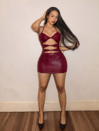 BamGleam Burgundy Summer 70s Night Out Club Night Party Women's Halter Spaghetti Strap Twist Hollow Out Sleeveless Fitted Bodycon Dress,Retro And Avant-Garde