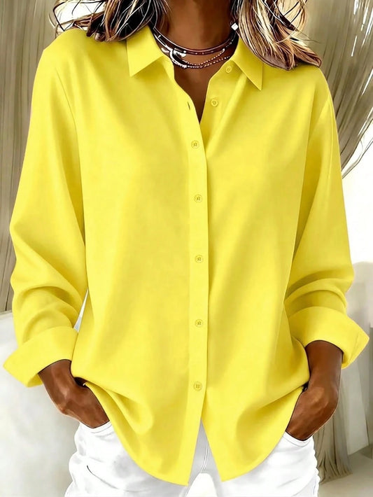 Basic Casual Women Plus Size Long Sleeve Lightweight Button-Up Shirt Yellow