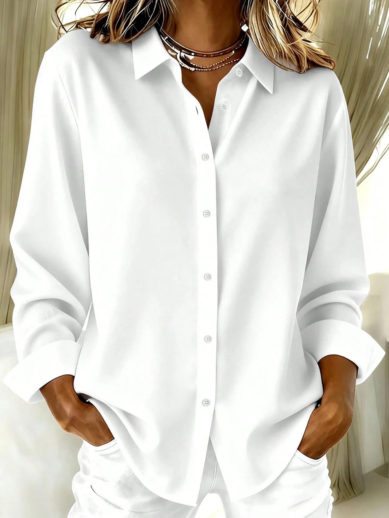 Basic Casual Women Plus Size Long Sleeve Lightweight Button-Up Shirt Yellow