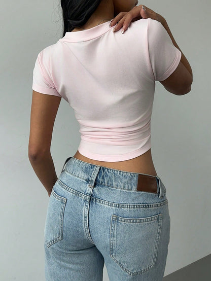 BASICS Casual Basic Solid Color V-Neck Short Sleeve Fitted Women T-Shirt Summer For Women Everyday Daytime Soft Pink