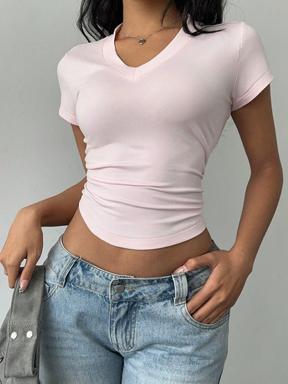 BASICS Casual Basic Solid Color V-Neck Short Sleeve Fitted Women T-Shirt Summer For Women Everyday Daytime Soft Pink