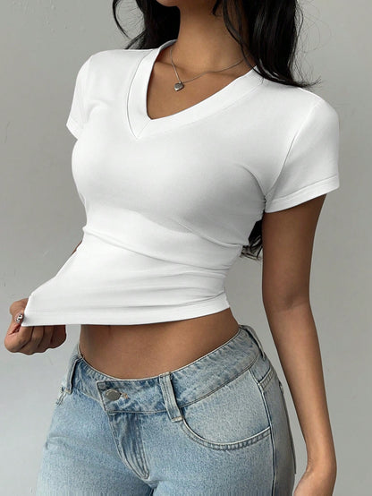BASICS Casual Basic Solid Color V-Neck Short Sleeve Fitted Women T-Shirt Summer For Women Everyday Daytime Soft Pink
