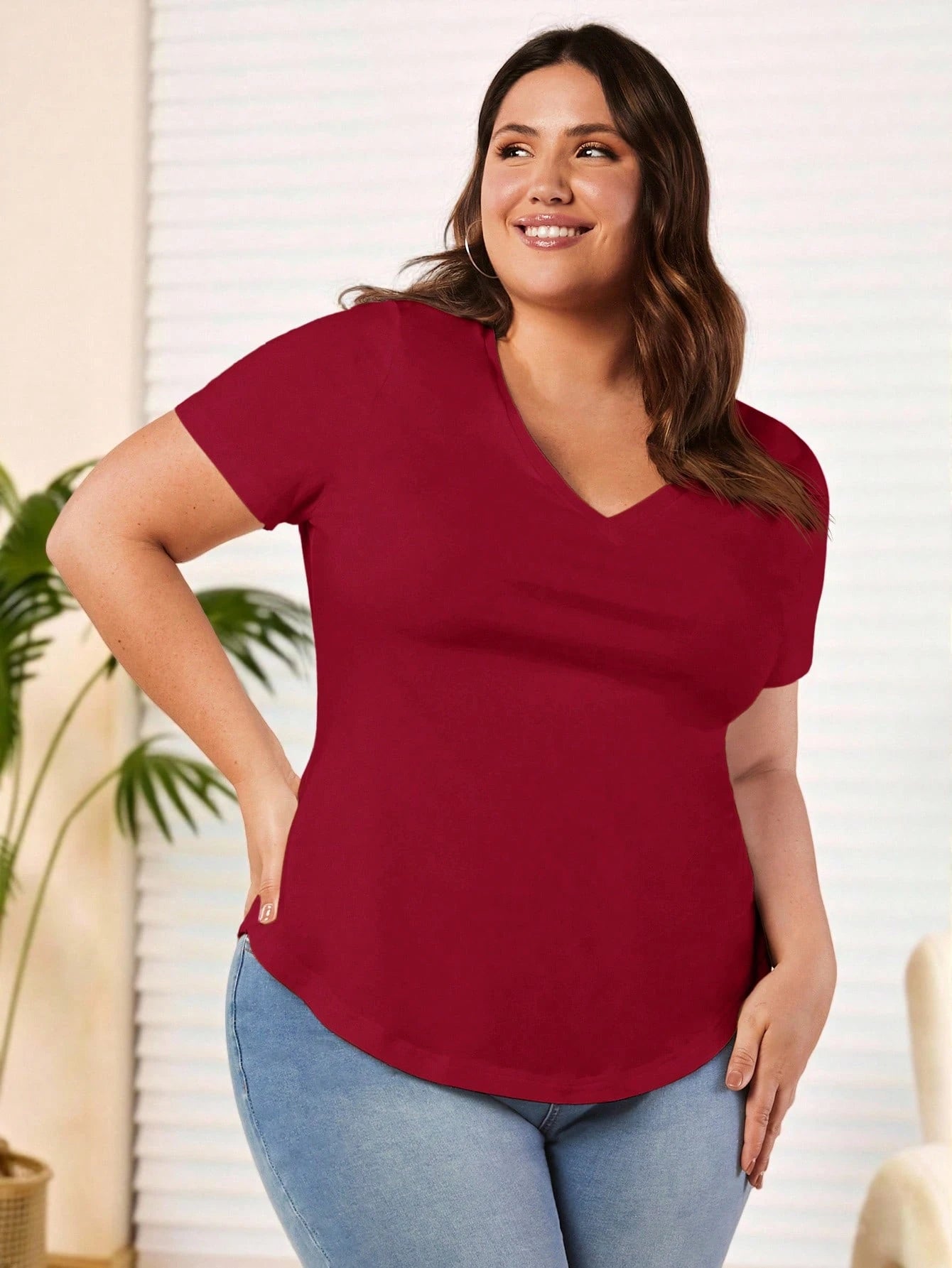 BASICS Plus Size Solid V Neck Tee Summer Tops Club Party Rodeo Dinner Formal Date Night Brunch Office Burgundy Casual Traditional Elegant