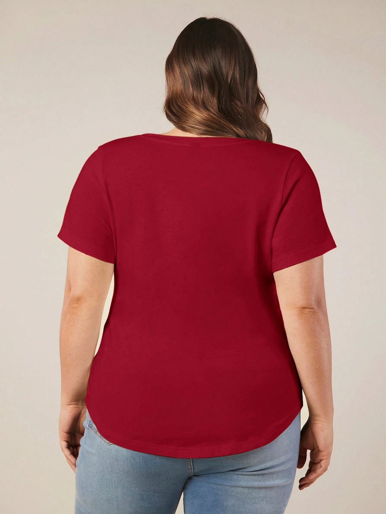BASICS Plus Size Solid V Neck Tee Summer Tops Club Party Rodeo Dinner Formal Date Night Brunch Office Burgundy Casual Traditional Elegant