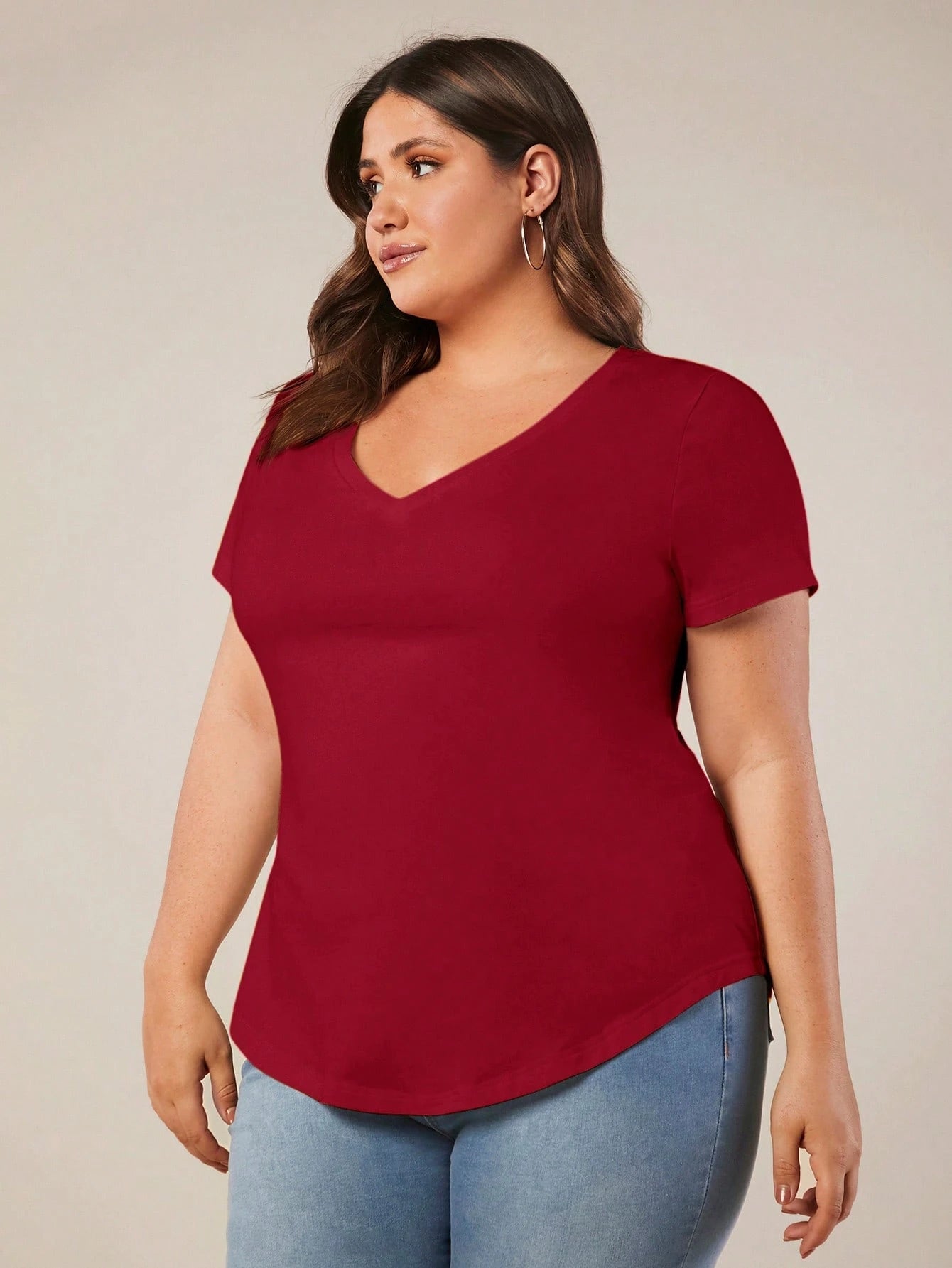 BASICS Plus Size Solid V Neck Tee Summer Tops Club Party Rodeo Dinner Formal Date Night Brunch Office Burgundy Casual Traditional Elegant