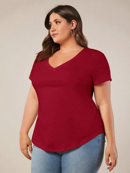 BASICS Plus Size Solid V Neck Tee Summer Tops Club Party Rodeo Dinner Formal Date Night Brunch Office Burgundy Casual Traditional Elegant