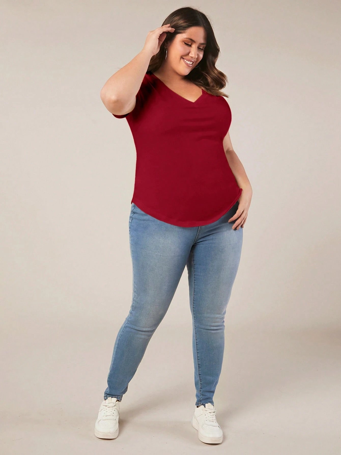 BASICS Plus Size Solid V Neck Tee Summer Tops Club Party Rodeo Dinner Formal Date Night Brunch Office Burgundy Casual Traditional Elegant
