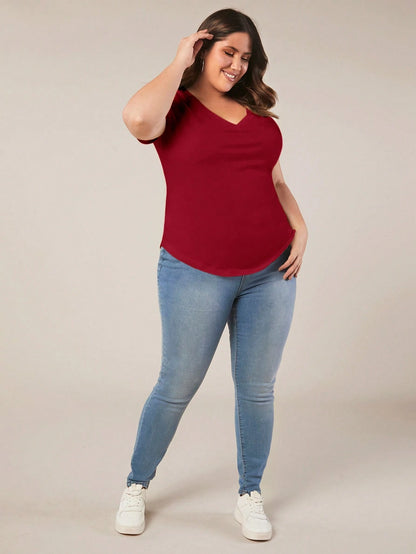 BASICS Plus Size Solid V Neck Tee Summer Tops Club Party Rodeo Dinner Formal Date Night Brunch Office Burgundy Casual Traditional Elegant