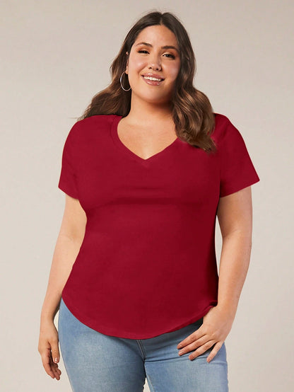 BASICS Plus Size Solid V Neck Tee Summer Tops Club Party Rodeo Dinner Formal Date Night Brunch Office Burgundy Casual Traditional Elegant