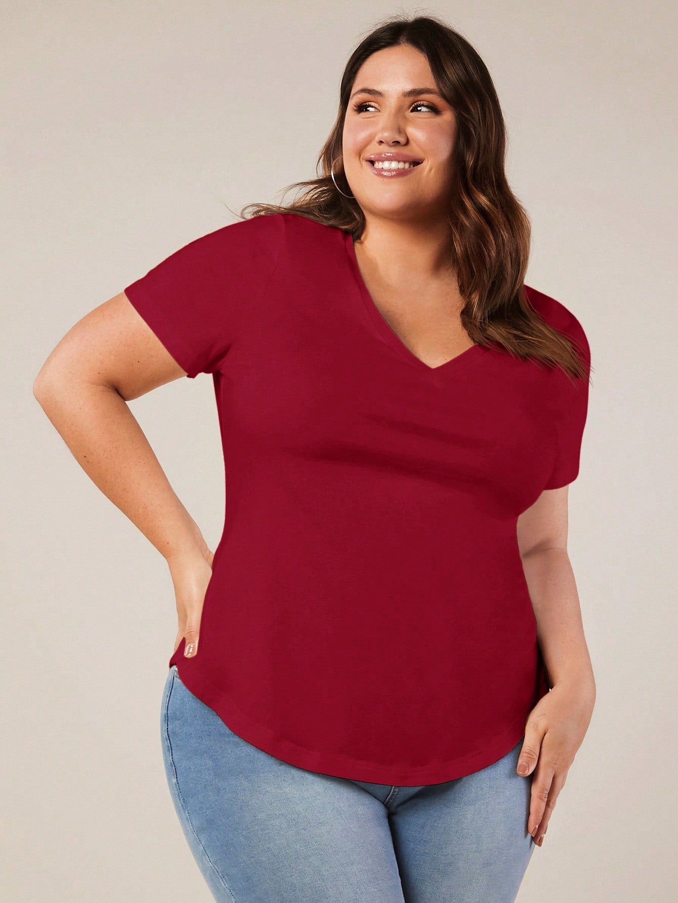 BASICS Plus Size Solid V Neck Tee Summer Tops Club Party Rodeo Dinner Formal Date Night Brunch Office Burgundy Casual Traditional Elegant