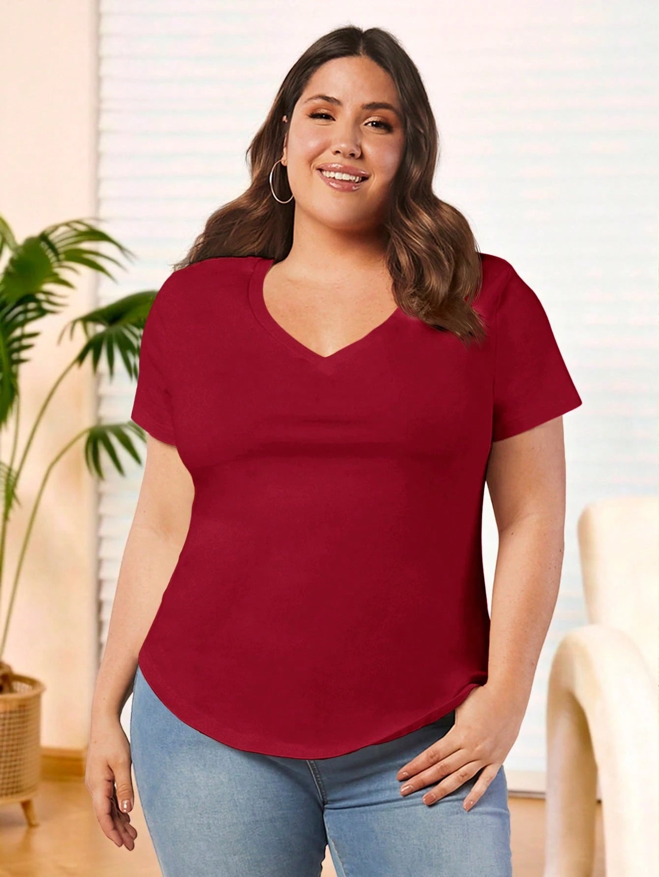 BASICS Plus Size Solid V Neck Tee Summer Tops Club Party Rodeo Dinner Formal Date Night Brunch Office Burgundy Casual Traditional Elegant