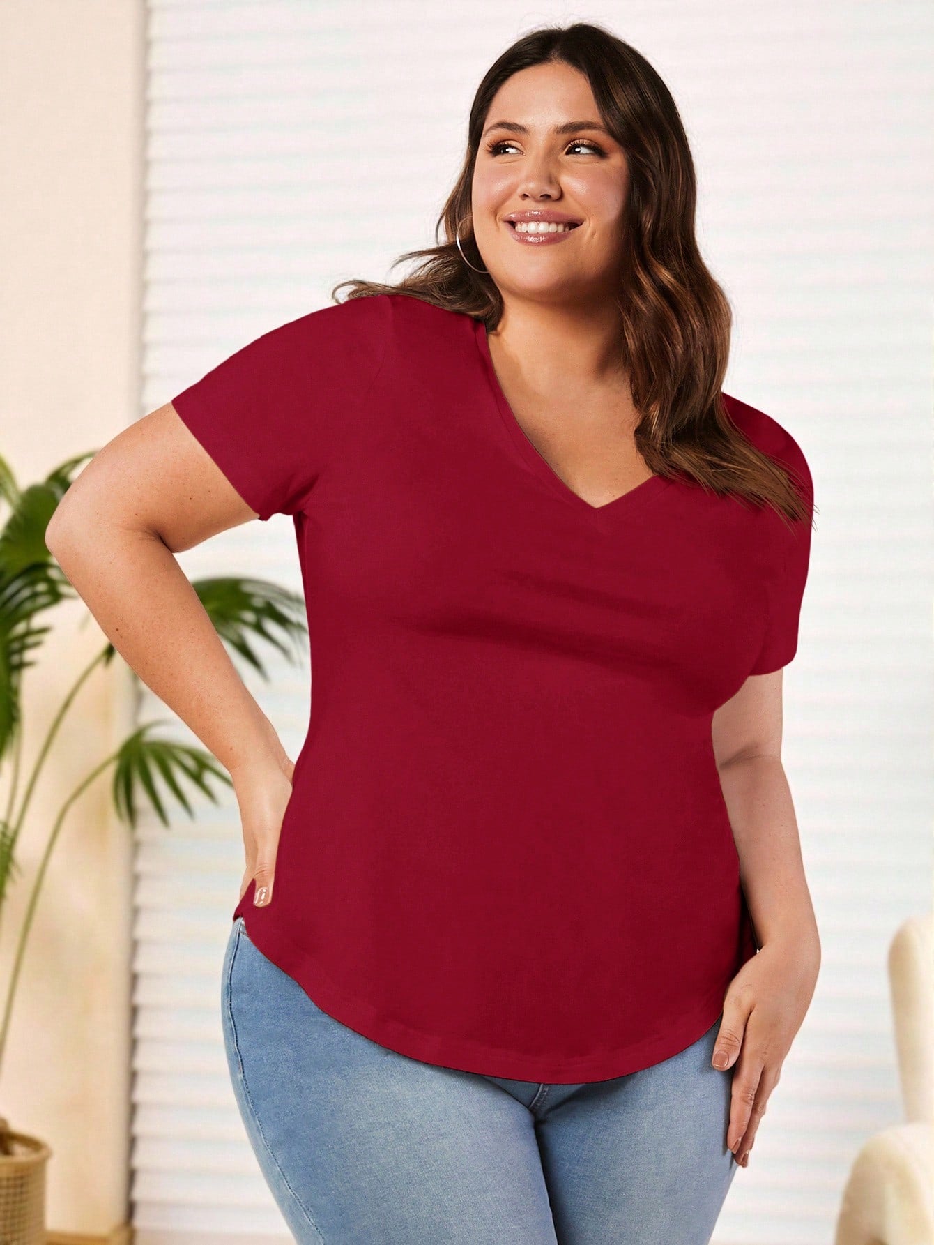 BASICS Plus Size Solid V Neck Tee Summer Tops Club Party Rodeo Dinner Formal Date Night Brunch Office Burgundy Casual Traditional Elegant