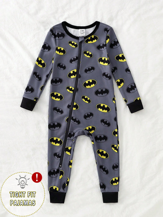 BATMAN X GraphicGems Spring/Summer Baby Boy Cartoon Cool Logo Pattern Long Sleeve Long Pants Knitted High Elasticity Knitted Fabric Slim Fit Comfortable Jumpsuit Home Wear Crawl Suit, Suitable F