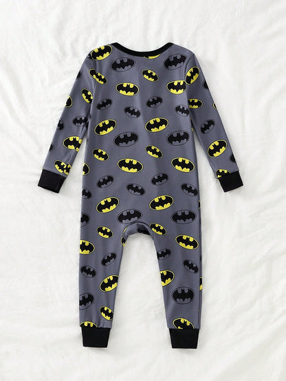 BATMAN X GraphicGems Spring/Summer Baby Boy Cartoon Cool Logo Pattern Long Sleeve Long Pants Knitted High Elasticity Knitted Fabric Slim Fit Comfortable Jumpsuit Home Wear Crawl Suit, Suitable F