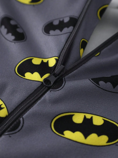 BATMAN X GraphicGems Spring/Summer Baby Boy Cartoon Cool Logo Pattern Long Sleeve Long Pants Knitted High Elasticity Knitted Fabric Slim Fit Comfortable Jumpsuit Home Wear Crawl Suit, Suitable F