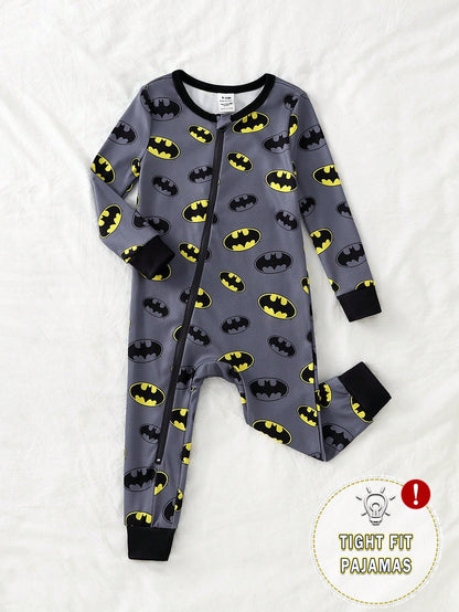 BATMAN X GraphicGems Spring/Summer Baby Boy Cartoon Cool Logo Pattern Long Sleeve Long Pants Knitted High Elasticity Knitted Fabric Slim Fit Comfortable Jumpsuit Home Wear Crawl Suit, Suitable F