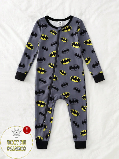BATMAN X GraphicGems Spring/Summer Baby Boy Cartoon Cool Logo Pattern Long Sleeve Long Pants Knitted High Elasticity Knitted Fabric Slim Fit Comfortable Jumpsuit Home Wear Crawl Suit, Suitable F