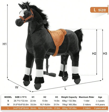 Battery-Free Mechanical Ride On Horse Plush Toy, Walking Action, M Size 4-9Y/ L Size 7Y-Adult, Heavy Duty Load 165/187 LBS