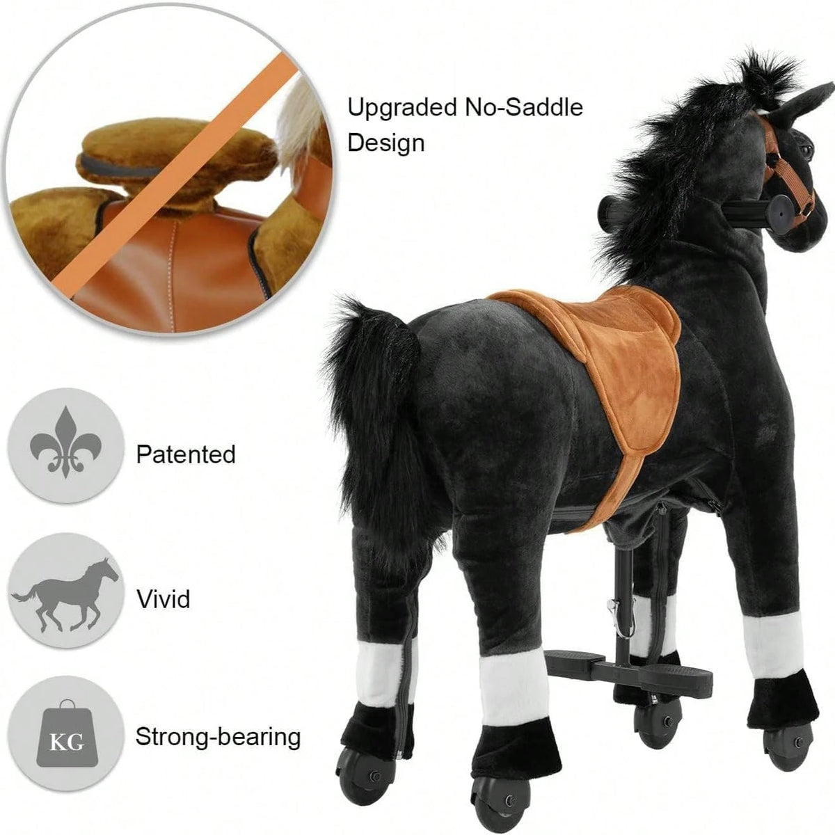 Battery-Free Mechanical Ride On Horse Plush Toy, Walking Action, M Size 4-9Y/ L Size 7Y-Adult, Heavy Duty Load 165/187 LBS
