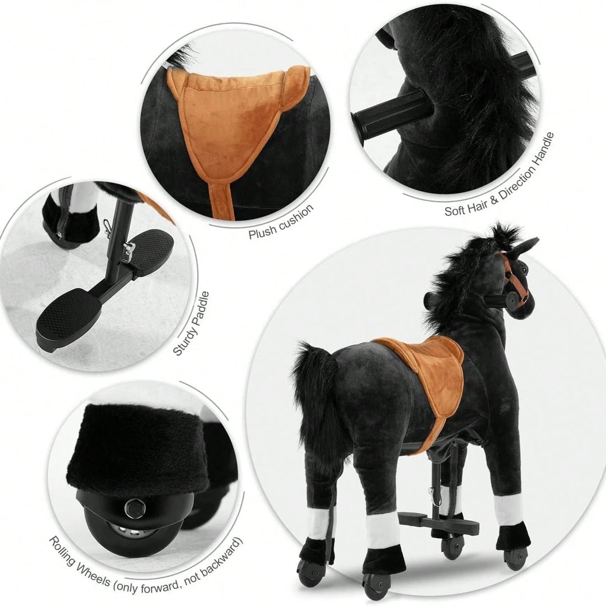Battery-Free Mechanical Ride On Horse Plush Toy, Walking Action, M Size 4-9Y/ L Size 7Y-Adult, Heavy Duty Load 165/187 LBS
