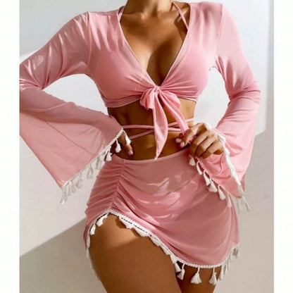 Beach Outfits Women: Solid Color Fringed Cover-Up, Mesh Short Skirt, Bikini