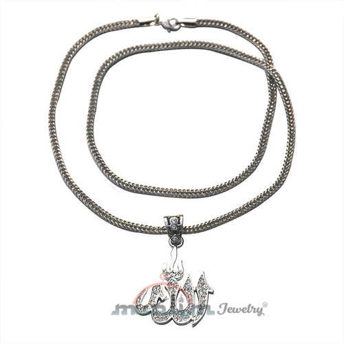 Beautiful Silver Allah Pendant with Rhinestones Fox Chain