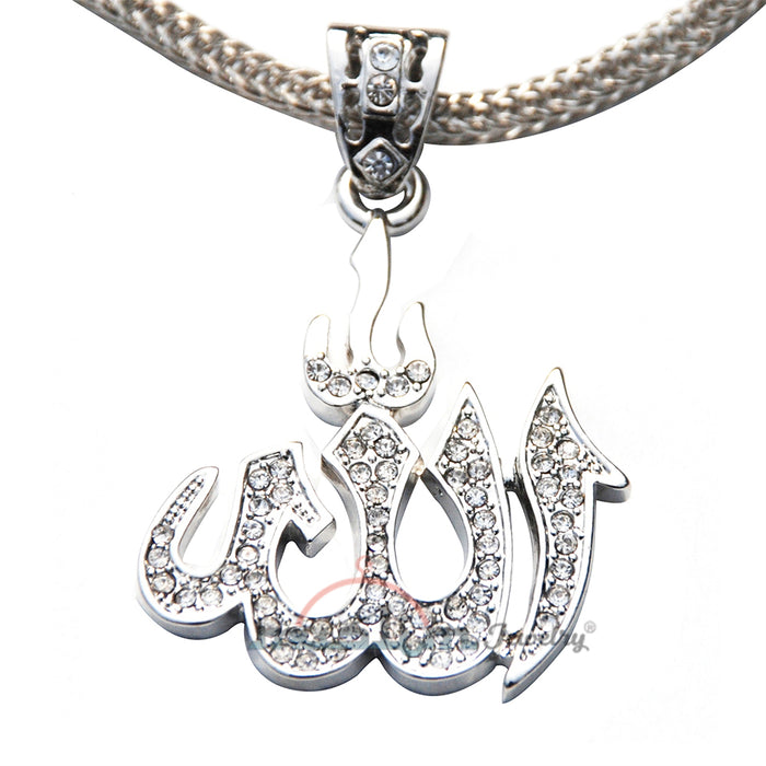 Beautiful Silver Allah Pendant with Rhinestones Fox Chain