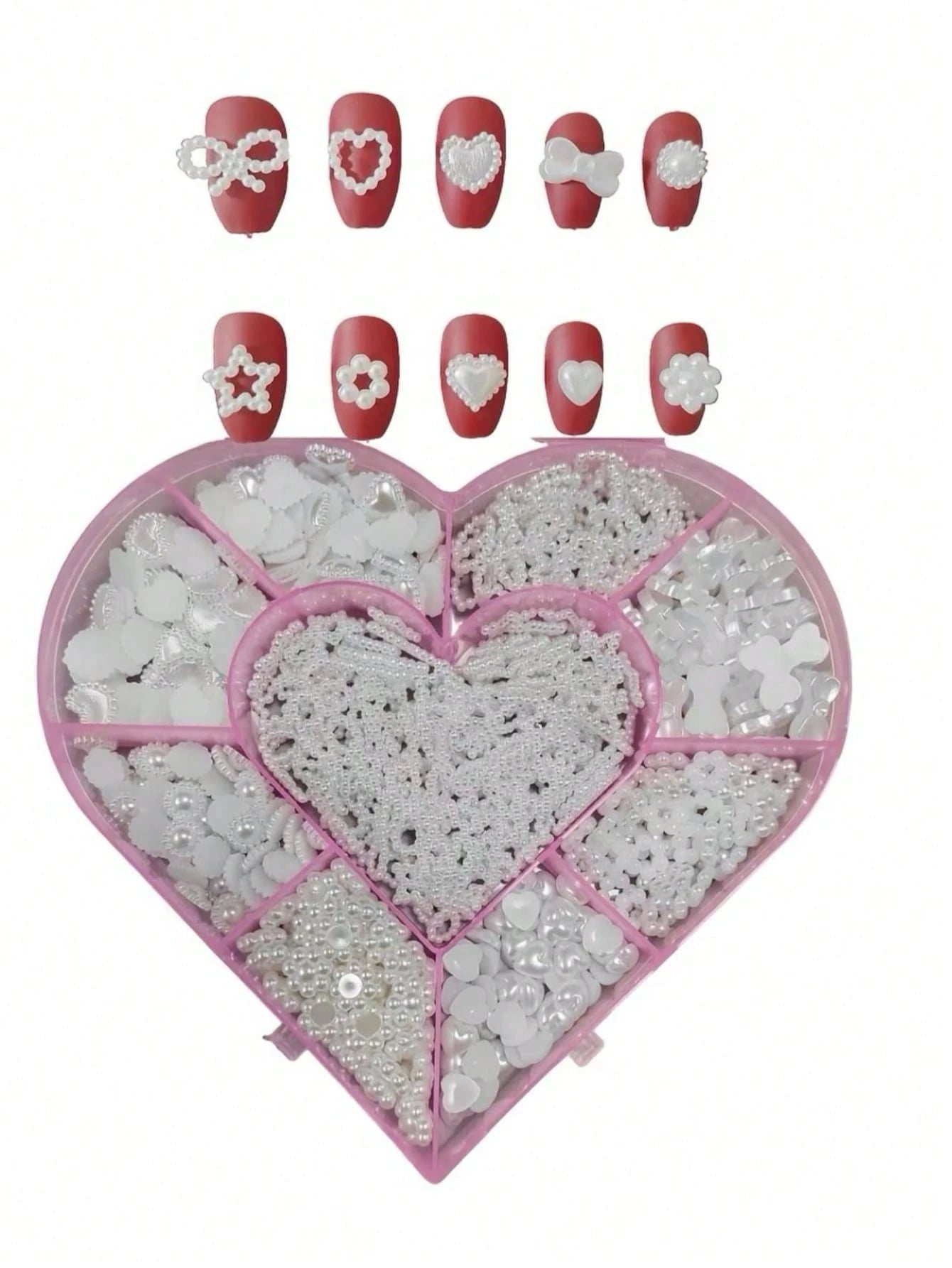 Beauty Salon 500PCS/Box Kawaii 3D White Resin Hollow Pearl Heart Bow Star Princess Ballet Nail Art Supply Set Decoration Charms Kit 10 Model Mix 50PCS Each Diy Ballerina Almond Rounded Oval Flare Fing