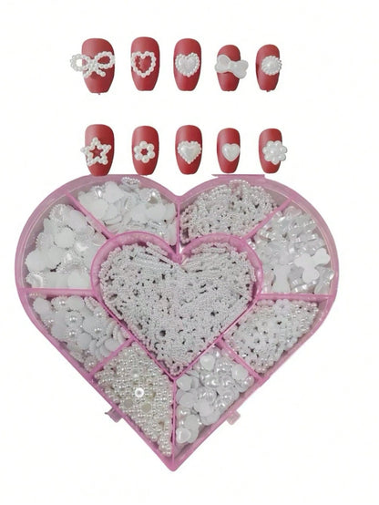 Beauty Salon 500PCS/Box Kawaii 3D White Resin Hollow Pearl Heart Bow Star Princess Ballet Nail Art Supply Set Decoration Charms Kit 10 Model Mix 50PCS Each Diy Ballerina Almond Rounded Oval Flare Fing