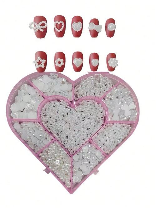 Beauty Salon 500PCS/Box Kawaii 3D White Resin Hollow Pearl Heart Bow Star Princess Ballet Nail Art Supply Set Decoration Charms Kit 10 Model Mix 50PCS Each Diy Ballerina Almond Rounded Oval Flare Fing