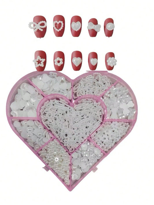 Beauty Salon 500PCS/Box Kawaii 3D White Resin Hollow Pearl Heart Bow Star Princess Ballet Nail Art Supply Set Decoration Charms Kit 10 Model Mix 50PCS Each Diy Ballerina Almond Rounded Oval Flare Fing
