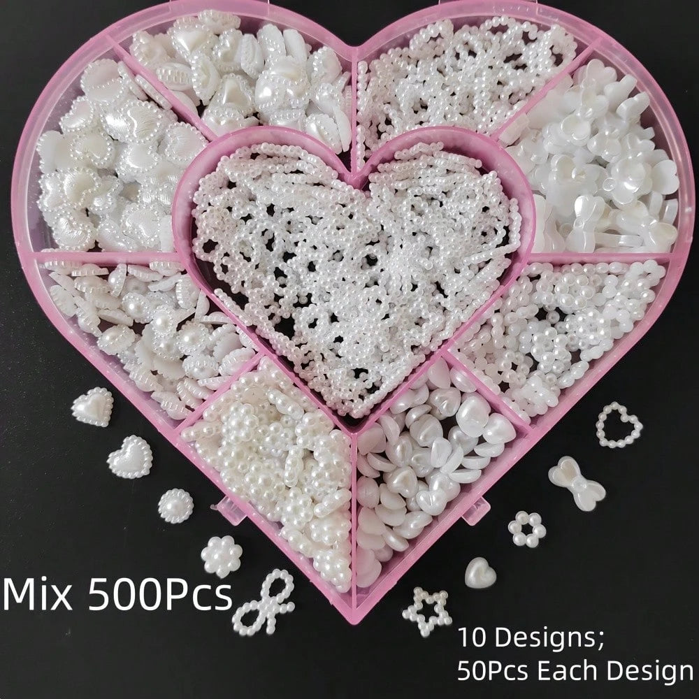 Beauty Salon 500PCS/Box Kawaii 3D White Resin Hollow Pearl Heart Bow Star Princess Ballet Nail Art Supply Set Decoration Charms Kit 10 Model Mix 50PCS Each Diy Ballerina Almond Rounded Oval Flare Fing
