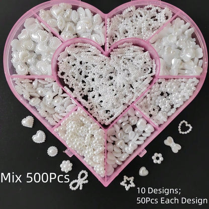 Beauty Salon 500PCS/Box Kawaii 3D White Resin Hollow Pearl Heart Bow Star Princess Ballet Nail Art Supply Set Decoration Charms Kit 10 Model Mix 50PCS Each Diy Ballerina Almond Rounded Oval Flare Fing