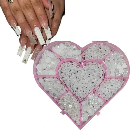 Beauty Salon 500PCS/Box Kawaii 3D White Resin Hollow Pearl Heart Bow Star Princess Ballet Nail Art Supply Set Decoration Charms Kit 10 Model Mix 50PCS Each Diy Ballerina Almond Rounded Oval Flare Fing