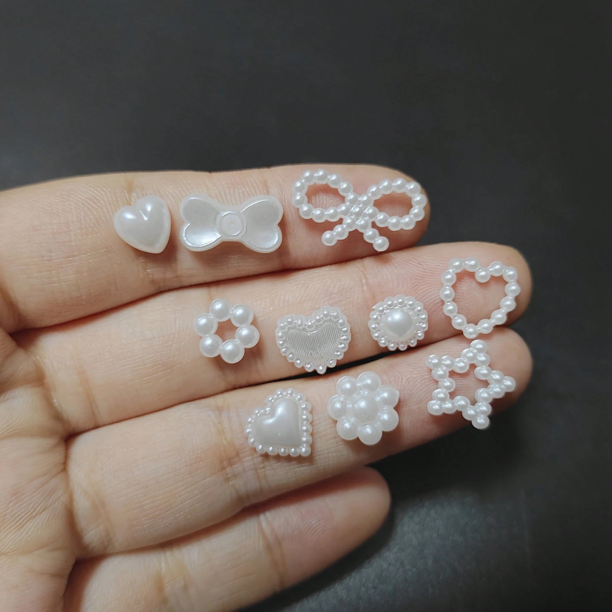 Beauty Salon 500PCS/Box Kawaii 3D White Resin Hollow Pearl Heart Bow Star Princess Ballet Nail Art Supply Set Decoration Charms Kit 10 Model Mix 50PCS Each Diy Ballerina Almond Rounded Oval Flare Fing