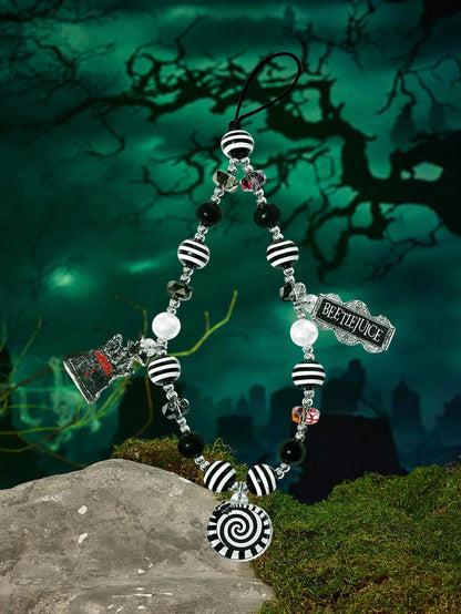 Beetlejuice X Fashionable Handmade Acrylic Black & White Striped Beaded Phone Lanyard, Goth Style For Men & Women, Goth