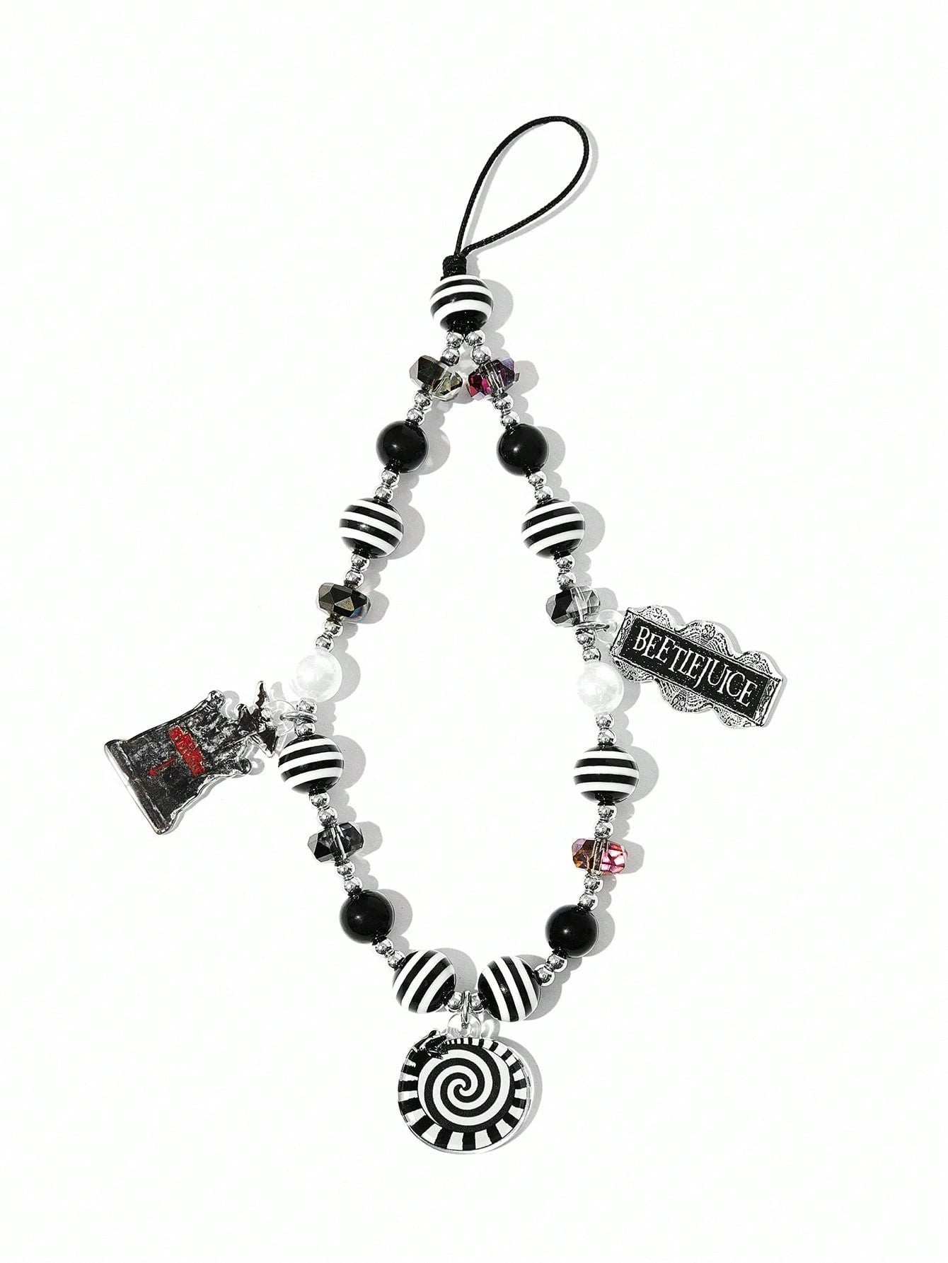 Beetlejuice X Fashionable Handmade Acrylic Black & White Striped Beaded Phone Lanyard, Goth Style For Men & Women, Goth