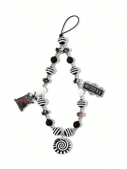 Beetlejuice X Fashionable Handmade Acrylic Black & White Striped Beaded Phone Lanyard, Goth Style For Men & Women, Goth