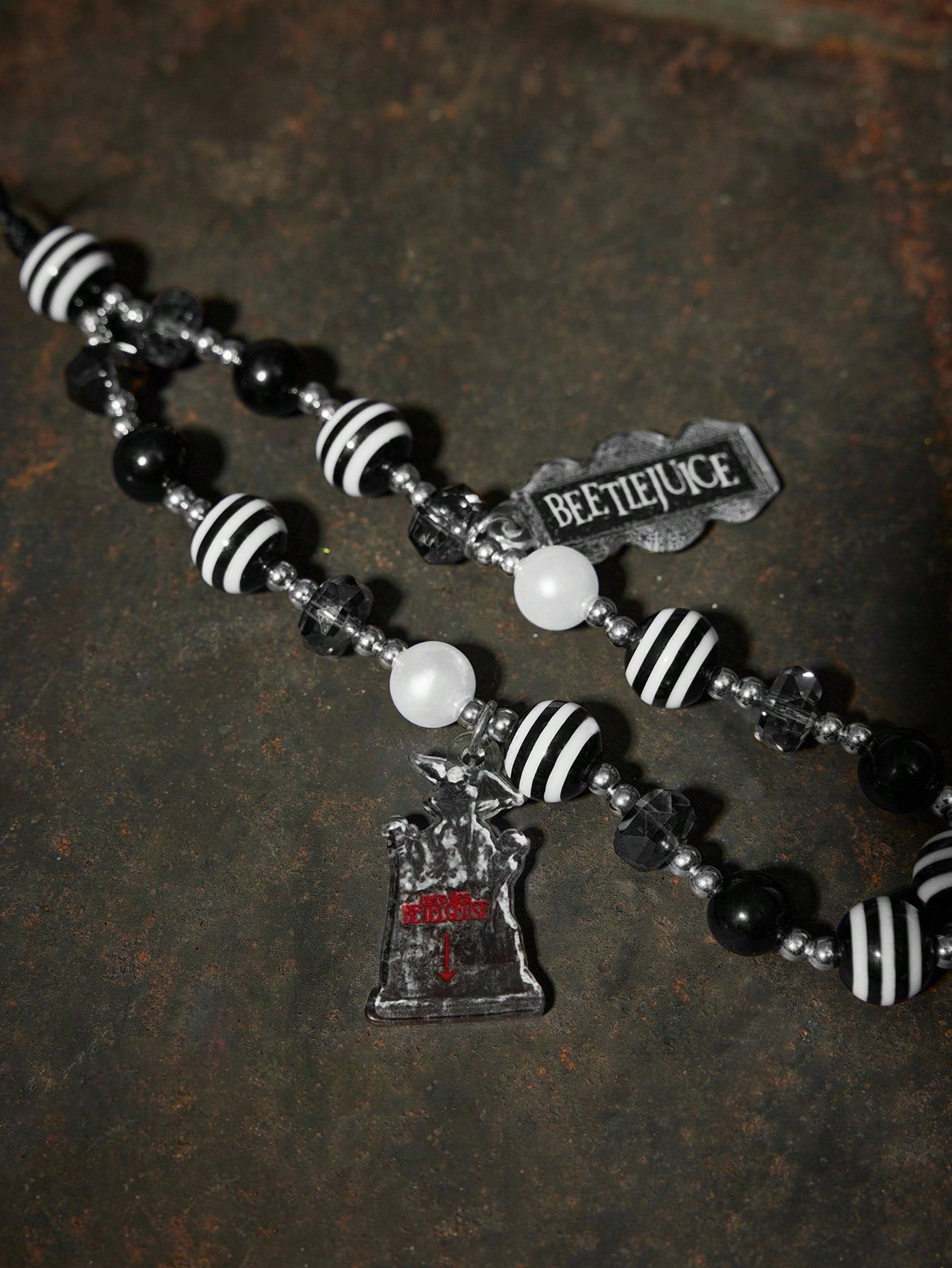 Beetlejuice X Fashionable Handmade Acrylic Black & White Striped Beaded Phone Lanyard, Goth Style For Men & Women, Goth