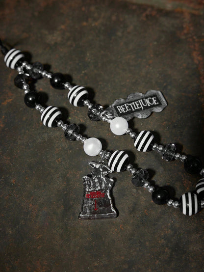 Beetlejuice X Fashionable Handmade Acrylic Black & White Striped Beaded Phone Lanyard, Goth Style For Men & Women, Goth
